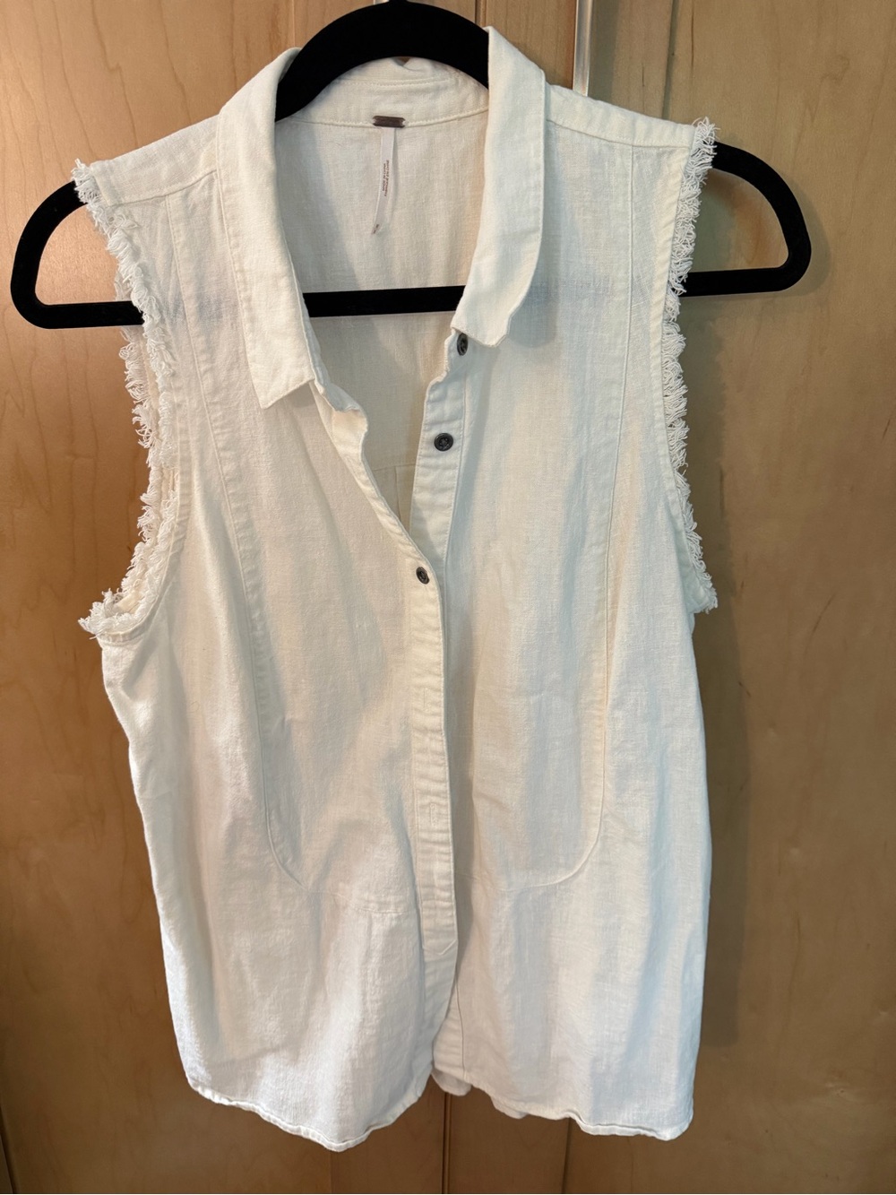 Free People Ivory Sleeveless Button-Down Shirt with Frayed Armholes